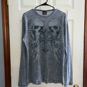 VTG-MMA elite-XL-gray-skulls, cross, wings, waffle knit, thermal, Henley shirt.